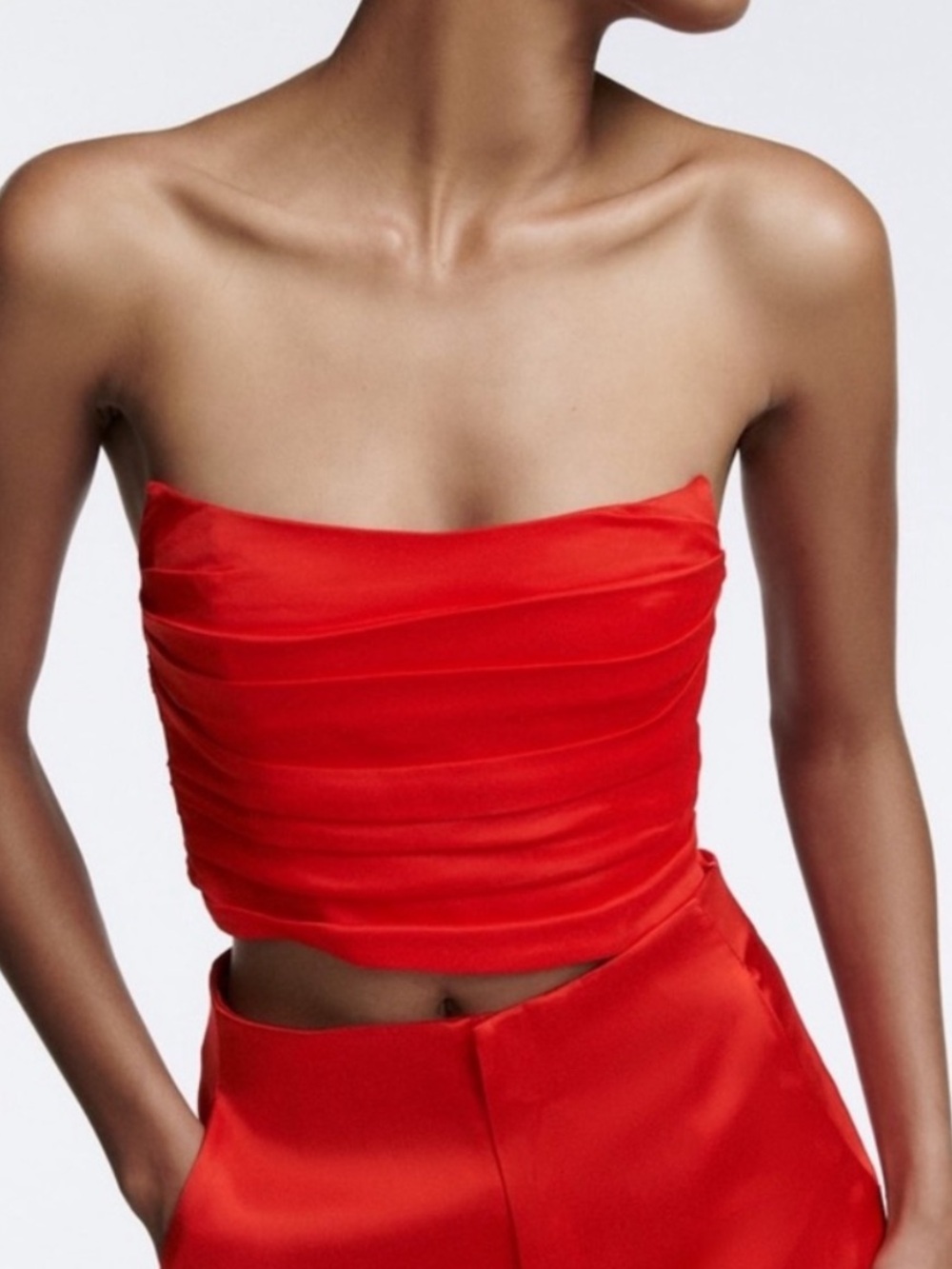 NWT- Zara Strapless Red Satin Ruched Crop Top
